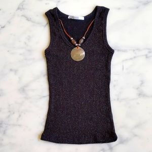 Charlotte Russe Stretch Gold Sparkle Knit Tank Top with necklace.
